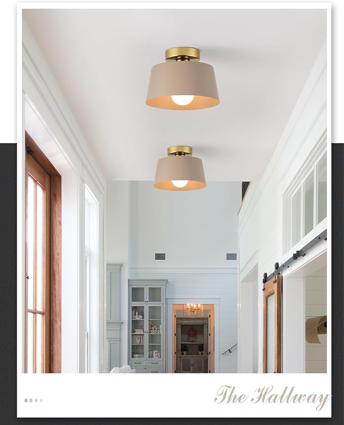 Ceiling Light Fixture, Hallway Ceiling Light with Gold Plate and Matte Black Shade, Modern Simple Style Porch Light Fixtures Semi Flush Mount (Brown)