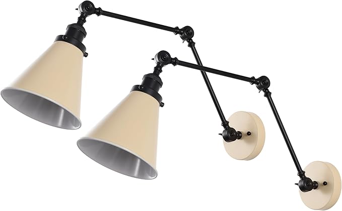 JONATHAN Y 7" Almond/Black Classic Industrial Metal Adjustable Arm LED Wall Sconce for Bedside Reading, Farmhouse Swing Arm Wall Lamp with Metal Shade, Hardwired (JYL7462F-SET2)