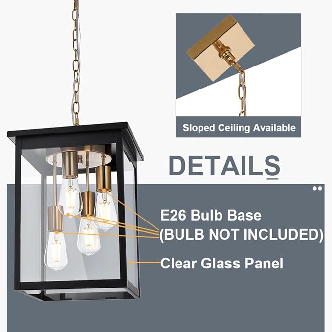 TODOLUZ Outdoor Pendant Light Fixtures, 4-Lights Large Outdoor Ceiling Hanging Lanterns in Black & Brushed Brass, Farmhouse Exterior Chandelier for Front Door Entry Patio