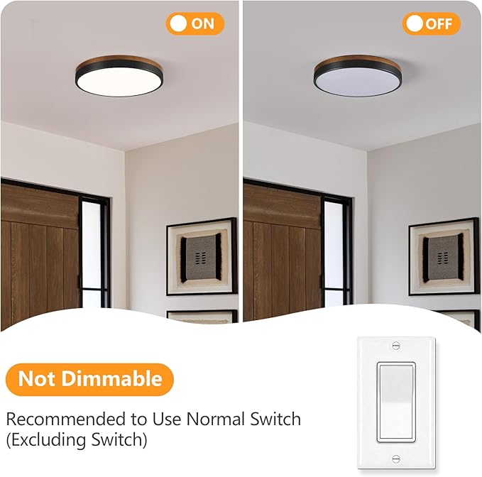 Modern Walnut Wood Black Flush Mount Ceiling Light, 11.81" Round LED Low Profile Close to Ceiling Fixture for Kitchen Bedroom Bathroom Laundry Hallway Entryway Closet Living Room