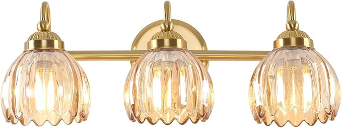 Vintage Bathroom Light Fixtures, Brass Vanity Lights with Amber Tulip Glass Shade, Vanity Sconces for Bathroom Bedroom Living Room Hallway, 3-Light