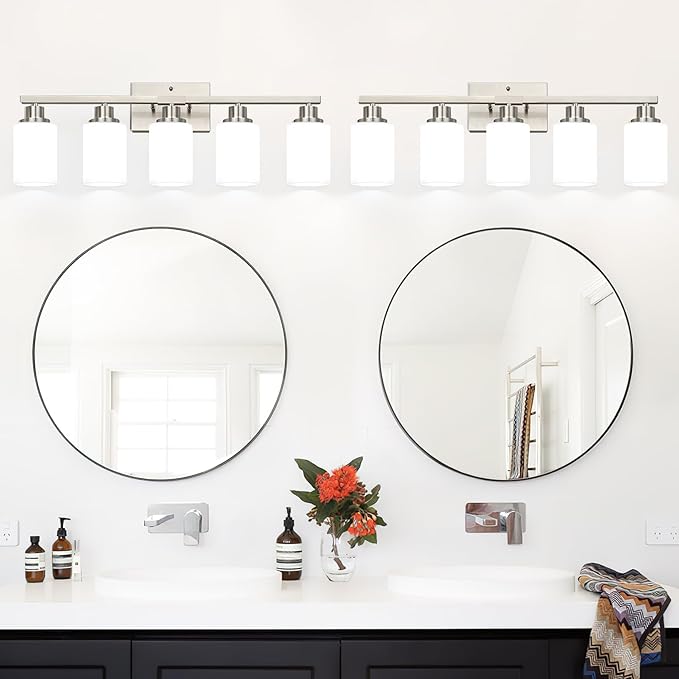 MOKATNG 5-Light Vanity Light with Milky White Shades, Brushed Nickle Bathroom Lighting Fixtures Over Mirror, Modern Bathroom Wall Lamp for Mirror Living Room Cabinet Bedroom