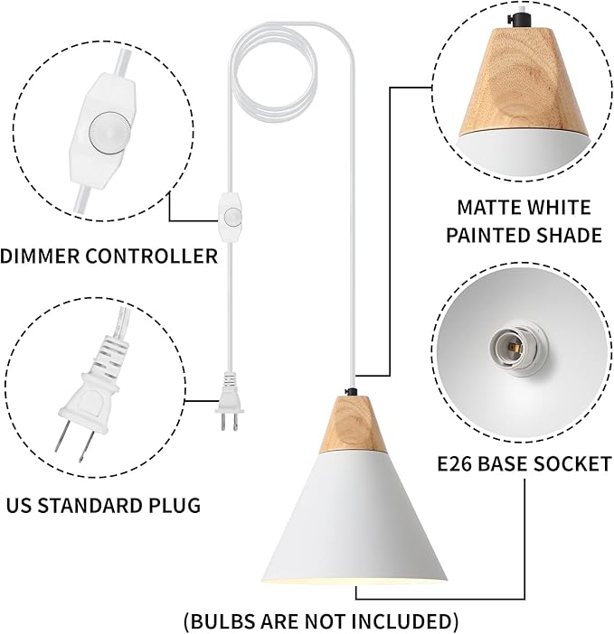 Plug in Pendant Light, 2 Pack 9.4inch Hanging Lights with Plug in Cord 14.7 ft, White Pendant Light Plug in, Hanging Pendant Light, Hanging Lamp Plug in for Bedroom Living Room Kitchen Island