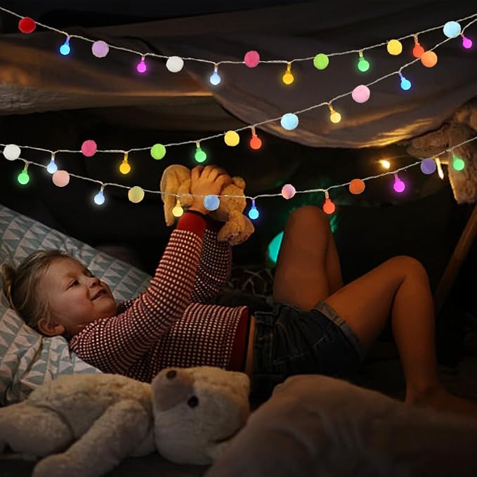 ChiRee 9.85FT String Lights with 20 Cute Pompoms 20 Colorful Ball LED Indoor String Lights Battery Operated with Timer for Home Bedroom Kids Playhouse Birthday Wedding Party Holiday Christmas