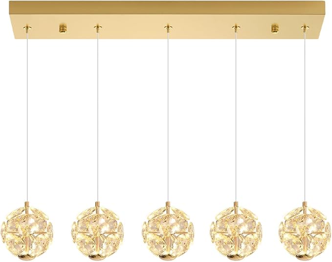 ykolupty 5-Lights Crystal Globe Pendant Light Kitchen Island Gold Linear Chandeliers for Dining Room,LED Dimmable Globe Chandelier for Kitchen Living Room Foyer