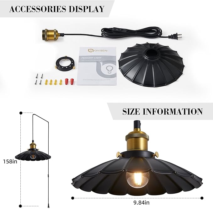Plug in Hanging Light, Vintage Black 9.8 Inch Lampshade 14Ft Plug in Pendant Light for Dining Room and Living Room, Kitchen Island Retro On/Off Switch Hanging Lamp Fixtures