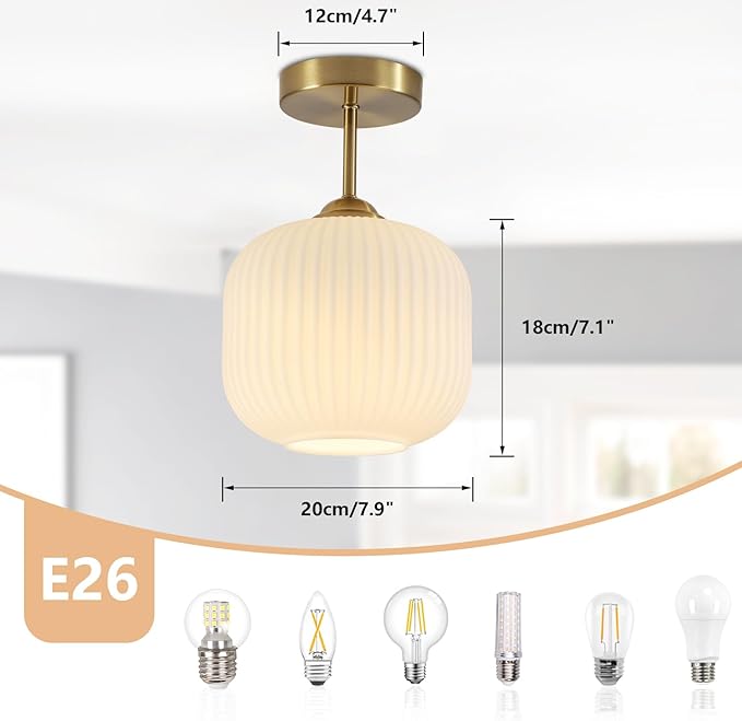 BOKT Vintage Semi Flush Mount Ceiling Lights 2 Pack 7.9" Stripe Milk White Glass Shade Modern Ceiling Lamp Mid Century Gold Ceiling Light Fixture for Farmhouse, Kitchen Island, Hallway
