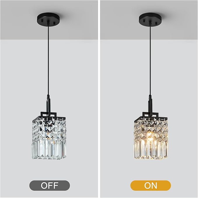 Modern Crystal Pendant Light Kitchen Island Farmhouse Lamp Adjustable Height Hanging Lighting Square Black Chandelier Suitable for Kitchen Island Dining Room and Bedroom(1Pack)