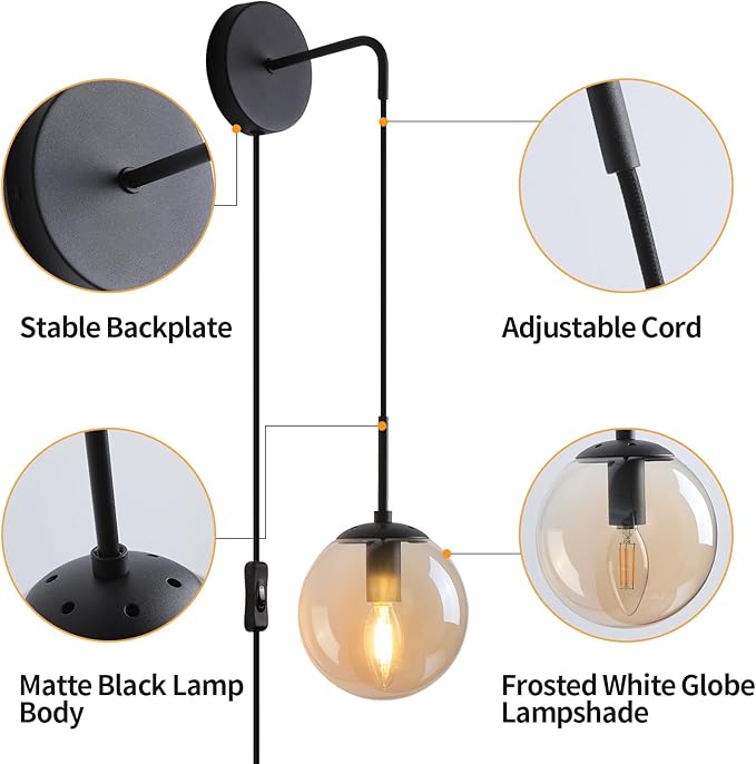 Wall Sconces Set of Two Matte Black 🔥🔥🔥 Wall Lights for Bedroom Plug in Wall Sconces Set of 2 with Globe Amber Glass Shade Indoor Wall Lamp with Plug in Cord Sconces Wall Decor Set of 2 with Switch