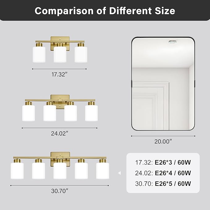 FonmYim Brushed Gold Bathroom Light Fixtures, 3-Light Modern Vanity Light Over Mirror, Wall Sconces with Milky White Frosted Glass Shades, E26 Socket (Bulbs Not Included)