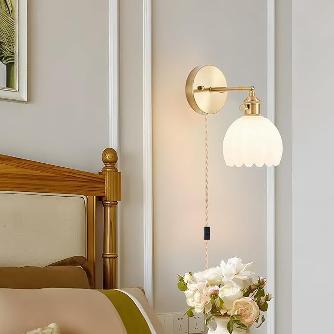 Plug in Wall Sconce, Vintage Sconce Light with Tulip Milk White Glass Lampshade, Bedside Wall Sconce with Switch and Plug in Wall Lamp Cord, Gold Wall Light for Bedroom