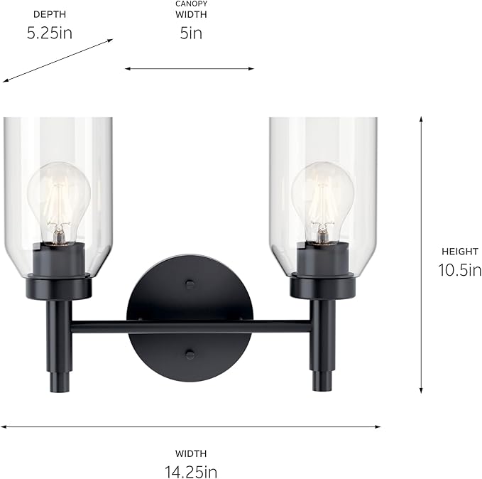 Kichler Madden 2-Light Bathroom Vanity Light Fixture with Clear Glass in Black, Modern Wall Mount Over Mirror for Single or Double Vanity (10.5" x 14.25"), 55184BK