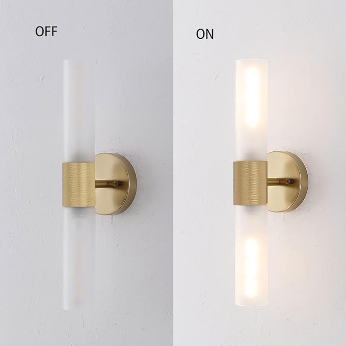 BYOLIIMA Gold Knurled Texture Wall Sconce Frosted Glass Shade Modern Bathroom Vanity Light Fixtures 2-Lights Mid Century Wall Light for Mirror Living Room Hallway E26 T10 Bulbs(Excluded)