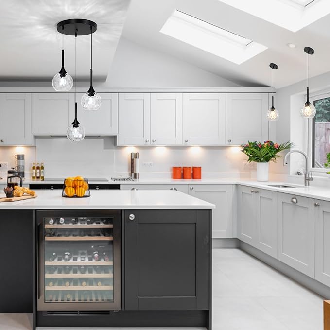 JHLBYL Glass Pendant Lights Kitchen Island: 5.91'' 3-Light Hammered Glass Pendant Light with Black Finish - Modern Minimalist Hanging Light Fixture for Kitchen Sink Dining Room - E26 Base