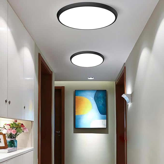 12 inch Flush Mount LED Ceiling Light Fixture, 3000K/4500K/6500K Selectable Ceiling Lights, Ultra Thin Round Black Ceiling Lamp for Living Room, Bedroom, Kitchen, Bathroom, Hallway, Non-dimmable
