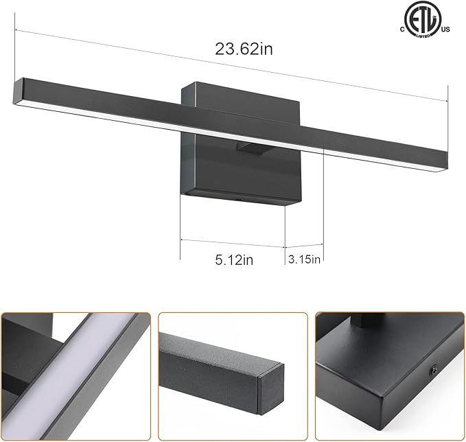 VOLISUN Modern Bathroom Vanity Light 23.6 inch, 14W Dimmable 5CCT Led Bathroom Light Fixture Over Mirror, Black Bar Vanity Light for Bathrooms Mirror Cabinets Bedroom-ETL Certificated