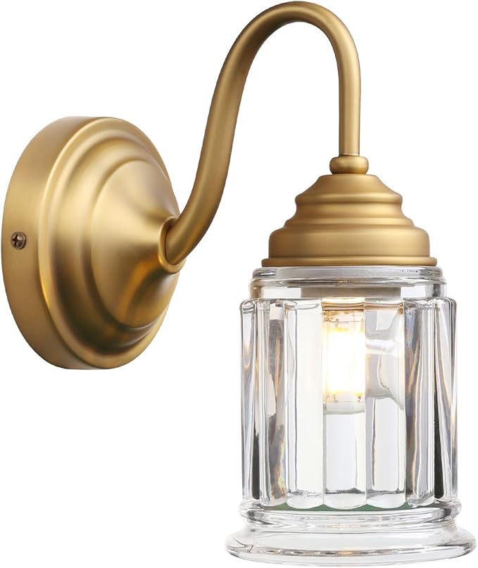 PERMO Vintage Wall Sconce with Clear Bell-Shaped Glass Shade Antique Gold Bathroom Sconce Wall Mount Light for livingroom Bedroom,Hardwired,E26 Base