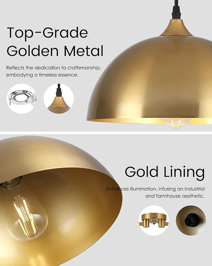 Gold Pendant Lights Kitchen Island 2-Light, Gold Dome Pendant Light, Modern Dining Room Light Fixture, Island Pendant Lights for Kitchen, Dining Room, Bar, Cafe