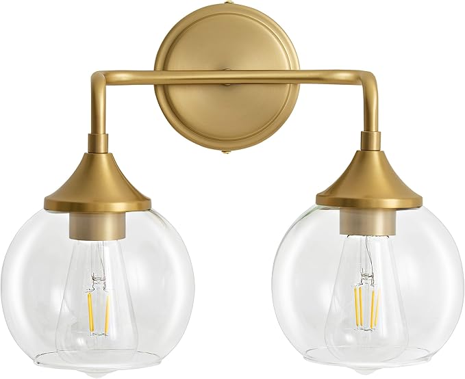 Gold Bathroom Vanity Light with Clear Glass Shade, E26 Base, 2-Light Bathroom Light Fixtures Over Mirror, 14 Inch Vanity Lights for Bathroom (Exclude E26 Bulb)