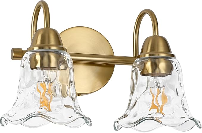 Bathroom Light Fixtures Over Mirror, 2 Lights Vintage Wall Sconces with Hammered Glass Shade, 12.6" Gold Bathroom Wall Light Fixtures for Bedroom, Porch, Hotel, Mirror Cabinet
