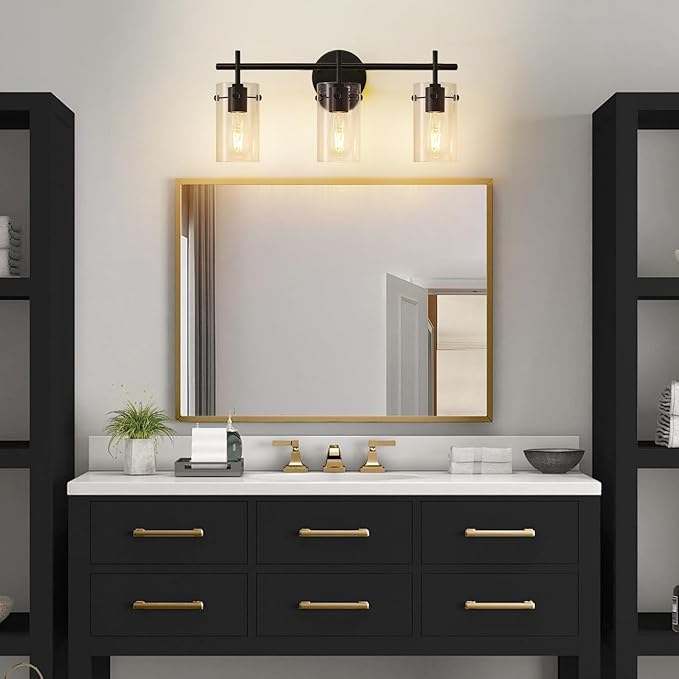 Indoi Bathroom Light Fixtures, 3-Light Matte Black Vanity Light, Black Bathroom Lights Over Mirror with Clear Glass Shade, Wall Sconces for Mirror Bedroom Living Room Hallway