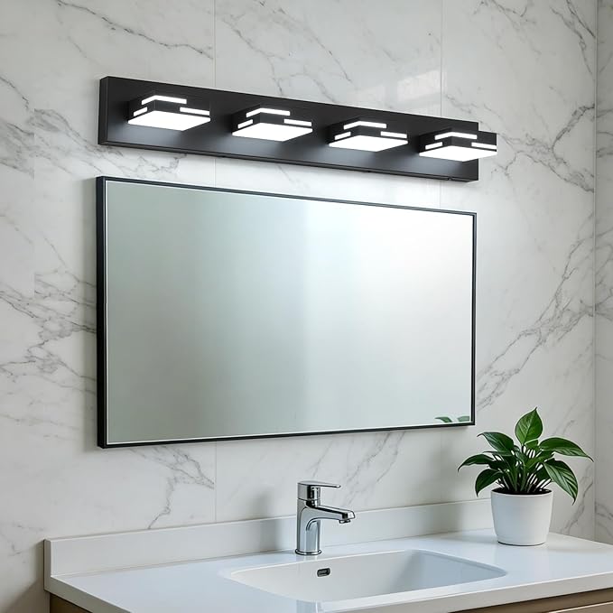 4-Light Modern Bathroom Vanity Light Fixtures, 30-Inch 350° Rotatable LED Vanity Lights Over Mirror, Matte Black Metal Wall Sconce with Frosted Acrylic Shade, Non-Dimmable