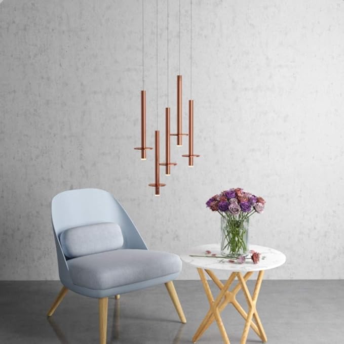 Draco 5 Pendant Lighting Copper – LED Hanging Light Fixture for Kitchen Island, Bar, Foyer – Equilateral Cluster of Mini Metal Rod Pipe Tube Cylinders – Dimmable, Adjustable Wire, Lamp Bulb Included