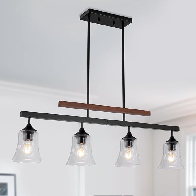 Dining Room Light Fixture 4-Light Kitchen Island Lighting Farmhouse Chandeliers for Dining Room Over Table Wood Chandelier with Glass Black Metal Pendant Light for Kitchen Island Lights