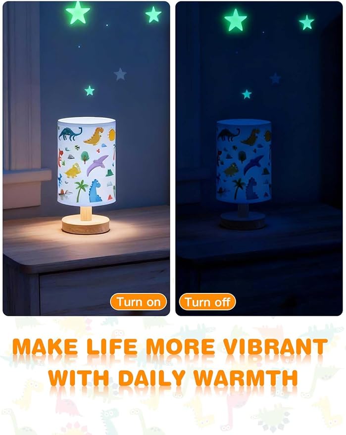 Dinosaur Lamp, Dinosaur Room Decor for Boys, 3 Level Dimmable Wood Nightstand Desk Base Flaxen Fabric Shade for Bedroom Living Room, Dino Gifts for Boys