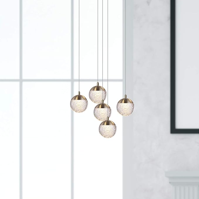 contec development Galaxy 5 Mini Pendant Crystall Ball Lighting Brass - LED Hanging Light Fixture: Kitchen Island, Bar, Foyer - Cluster Pendants - Dimmable, Adjustable Wire, Lamp Bulb Included
