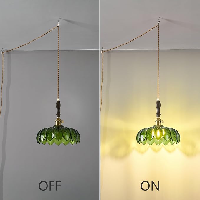 Modern Green Plug in Glass Pendant Light Retro Flower Glass Hanging Lamp Gold Brass Decorative Adjustable Ceiling Hanging Light Suitable for Kitchen Island Bedroom Dining Room Living Room