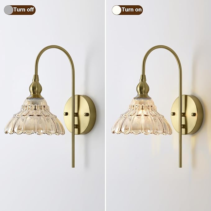 Vintage Wall Sconces with Amber Flower Glass Lampshade, Indoor Bath-Room Wall Sconce, Modern Gold Industrial Lighting Fixture for Mirror Living Room Hallway 1 Pack