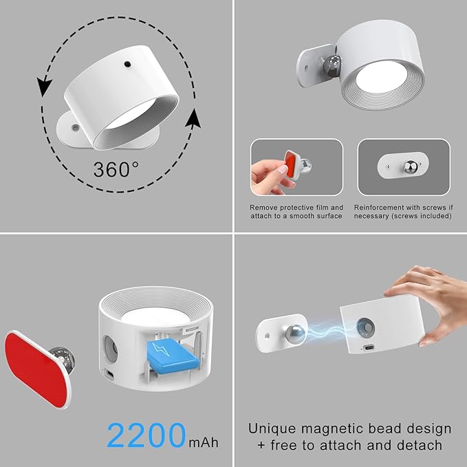 Deyagoo 3PACK Romote LED Wall Sconce - Rechargeable Wall Light, 3 Colors & 3 Brightness Levels, 360° Magnetic Rotating Head, Bedside Reading Lamp, Easy Install Battery Operated Lamp White