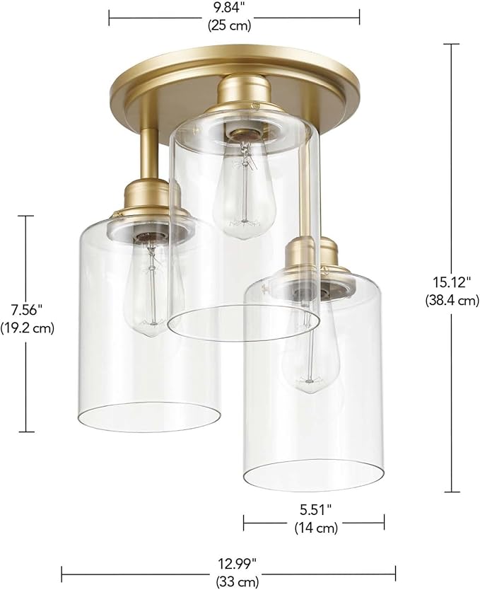 Globe Electric 65457 3-Light Flush Mount Ceiling Light, Matte Gold, Clear Glass Shades, Bedroom Lighting Fixtures Ceiling, Dining Room Fixture, Timeless Lighting for Hallway or Dining Room