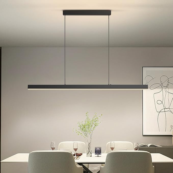 Modern Ceiling Pendant Light,47in LED Black Linear Ceiling Chandelier Light Dining Room,Living Room,Warm & Cool, Neutral Light,Aluminum Island Lighting Hanging Pendant Light for Kitchen