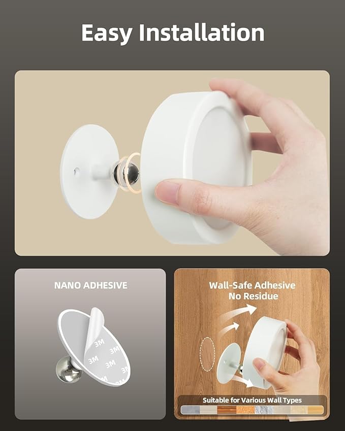EZVALO LED Wall Mounted Light, 3000mAh Rechargeable Cordless Wall Sconce, Dimmable with Remote & Touch Control, 3 Color Temps, 360° Rotatable for Bedroom, Bedside, Reading(White, 2Pack)