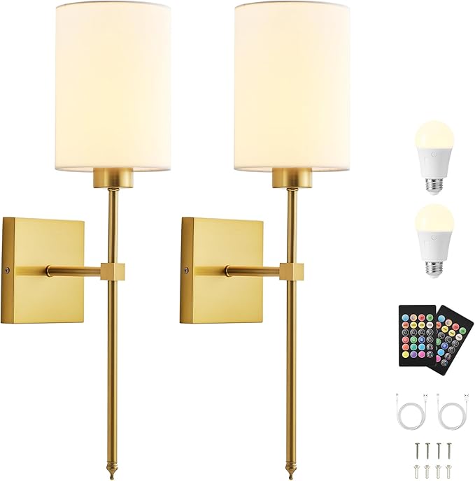KARTOOSH Battery Operated Wall Sconce Set of Two, Wireless Rechargeable Wall Light with Remote Control, Dimmable, 4 Color Temperatures, RGB, Timer, for Living Room,Bedroom,Entryway, Gold, 20.6 Inch