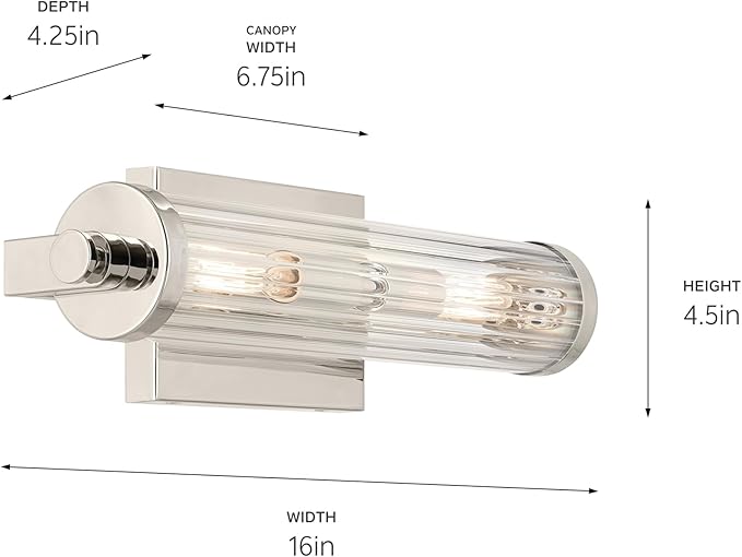 Kichler Azores 16" 2-Light Wall Sconce, Vintage Industrial Light with Clear Fluted Glass in Polished Nickel, for Hallways, Bathroom, Laundry Room, or Kitchen (16" x 4.5"), 45648PN
