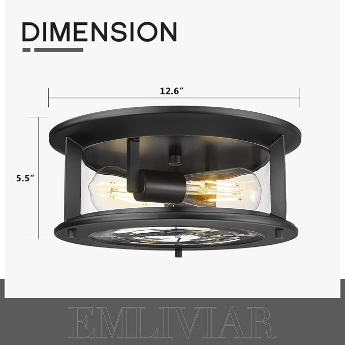 Emliviar 12.6" Farmhouse Flush Mount Ceiling Light, 2-Light Modern Close to Ceiling Light Fixture for Kitchen, Hallway Mounted Lantern with Clear Glass, Black Finish, YE19108-F1 BK