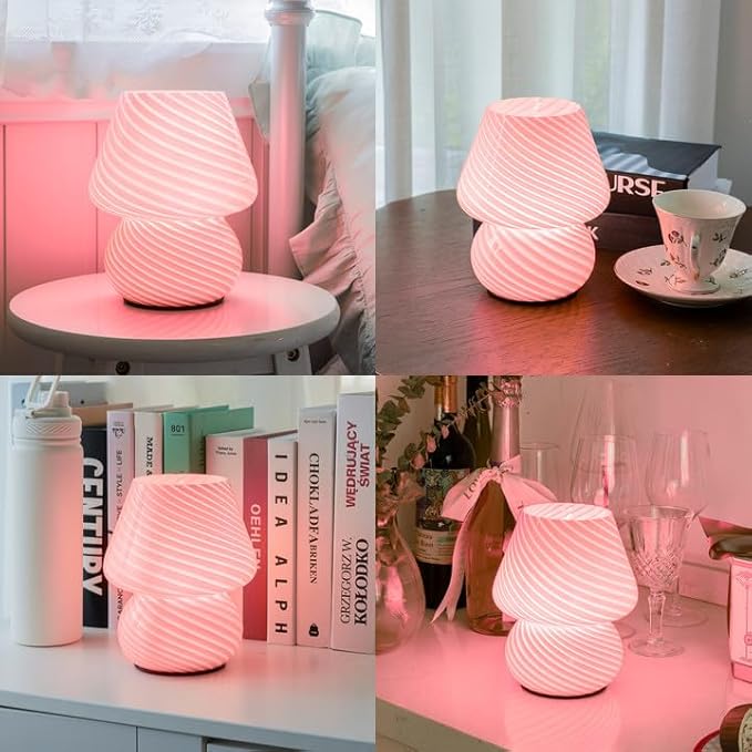 ULAROOM Battery Operated Mushroom Lamp - Vintage Small Table Lamp With Timer, Cordless Bedside Nightstand, Glass Battery Powered for Bedroom Kitchen Living Room Shelf Decor Aesthetic Pink