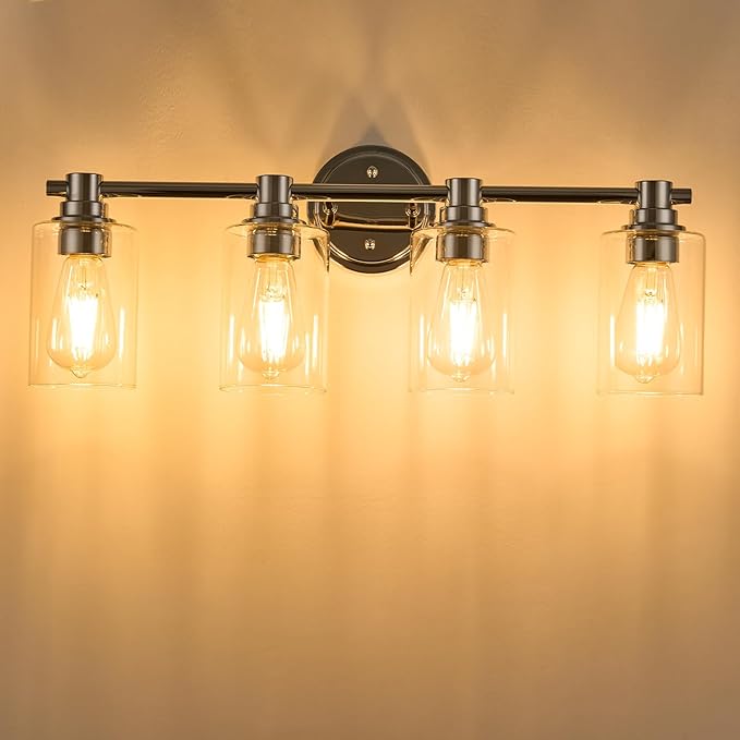 Bathroom Light Fixtures Wall Sconce Light with Clear Glass Chrome 4 Lights Bathroom Lighting Over Mirror Vanity Lights for Living Room,Bedroom,Restroom,Hallway E26 Base