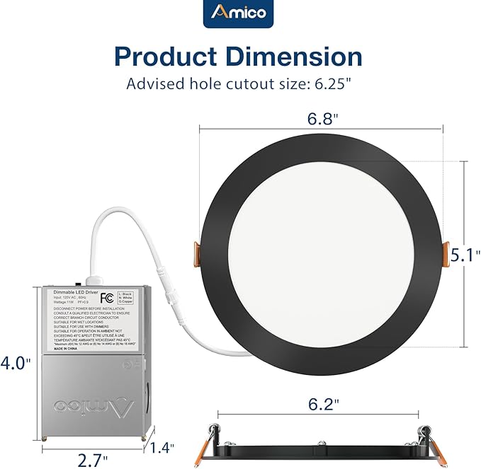 Amico 36 Pack 6 Inch 5CCT Ultra-Thin LED Recessed Ceiling Light with J-Box, 2700K/3000K/3500K/4000K/5000K Selectable, 12W Eqv 110W, Dimmable Canless Downlight, 1050LM High Brightness, Black