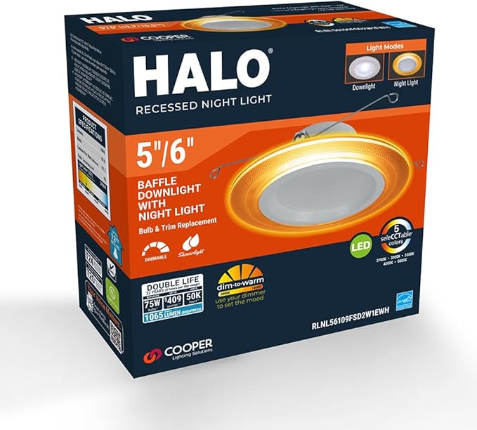 HALO RL Night Light 5/6 in LED Recessed Downlight with Night Light Mode, 1000 Lumens, Selectable CCT 2700K-5000K, Dim-to-Warm, Matte White - RLNL56109FSD2W1EWH
