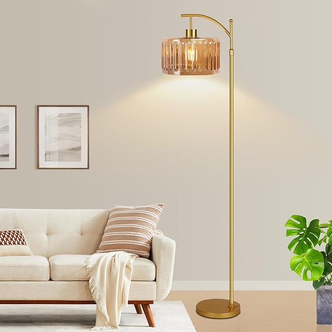 QIYIZM Floor Lamp for Living Room,Bedroom,Gold Dimmable Standing Lamp with Remote,Mid Century Modern Brass Tall Lamp Retro Vintage Glass Lamp Floor Light Boho Bohemian