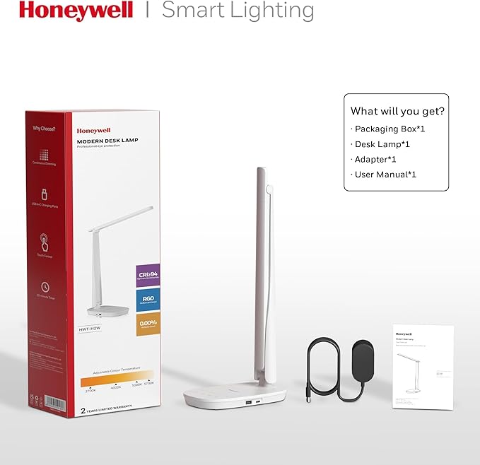 Honeywell HWT-H2 LED Desk Lamp, CRI94 Full Spectrum Eye-Caring Table Light, Foldable Dimmable 4 Color Modes with USB A+C Charging Ports for Home Office Bedroom Reading Study Work (White)