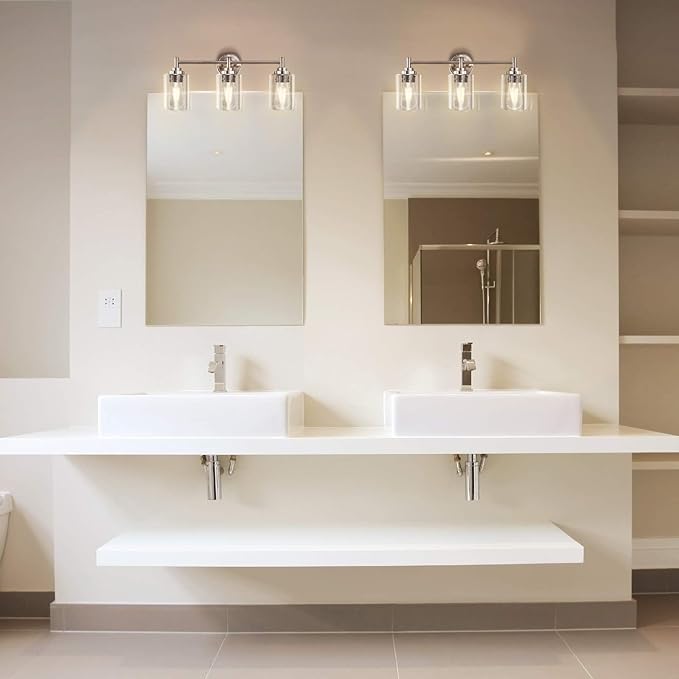 3-Light Bathroom Lighting Fixtures Over Mirror, Brushed Nickel Vanity Lights with Clear Glass Shade. Modern Bathroom Vanity Light for Mirror Kitchen, Living Room, Gallery, Hallway