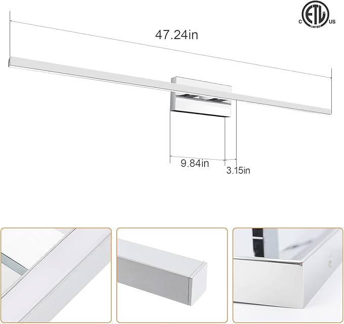 VOLISUN 48-Inch Dimmable Bathroom Vanity Light, 30W 5CCT LED Fixture Over Mirror, Chrome, ETL Certificated