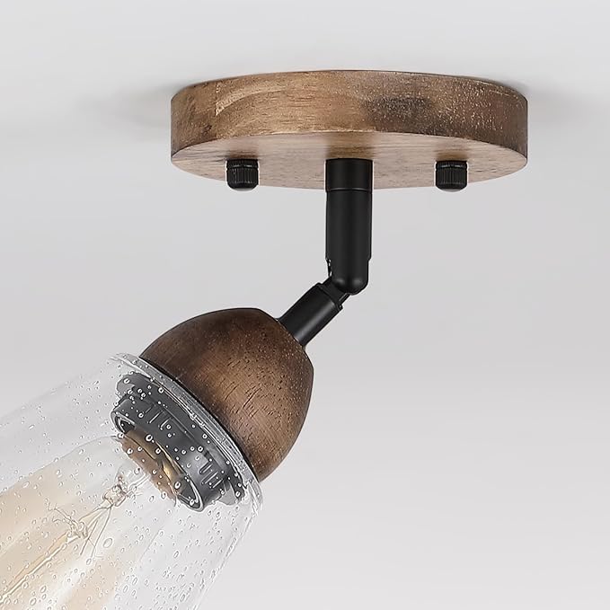 Rustic Farmhouse Glass Flush Mount Ceiling Light Fixture Mini Clear Seeded Glass Shade and Oak Wood Semi Flush Mount Ceiling Light for Kitchen Hallway Entryway Sink Farmhouse