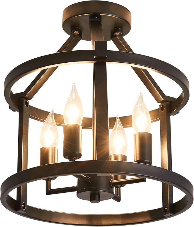 UOFUS Metal Semi Flush Mount Ceiling Light Fixture 4 Candle Holder Matte Chandelier Farmhouse Ceiling Lamp for Dining Room Bedroom Kitchen Hallway Entryway(Black)