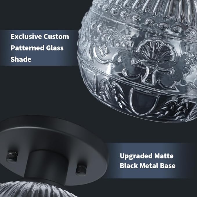 7.09in Semi Flush Mount Ceiling Light Fixture, Vintage Flush Mount Ceiling Light with Glass, Goble Hallway Light Fixtures, Black Bathroom Ceilings Light Overhead Lighting for Porch Corridor Closets